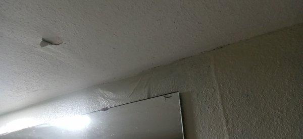 The ceiling is coming apart. In the bathroom, the water is dripping through the ceiling because of the occupants about taking a shower