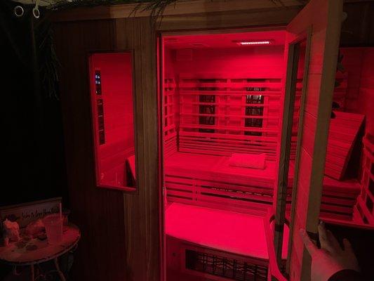 Sauna with red light and clear the air eucalyptus oils.