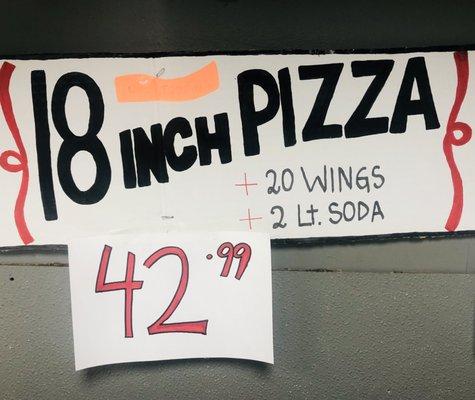 Large pizza (1 free topping) + 20 wings + 2lt soda for $42.99