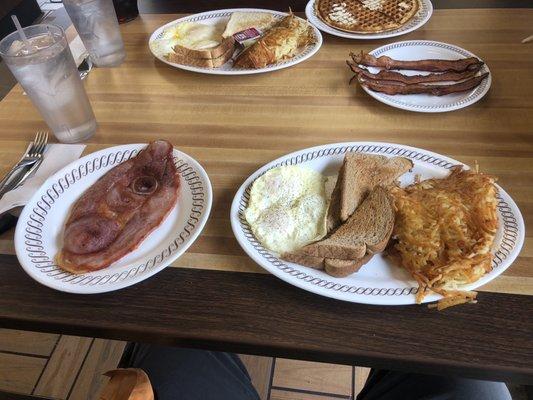 Our breakfast for my son and my with country ham he also ordered a Waffle