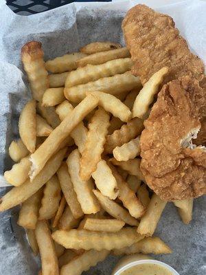 Different fries and dry chicken