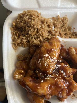 Sesame Chicken w fried rice dinner.  Great portion and quality.