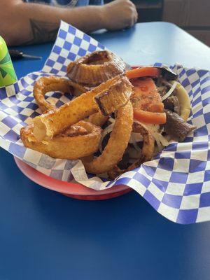 Original gyro with onion rings. Best Mediterranean food you can find in Wisconsin!