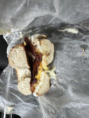 Everything bagel toasted with bacon egg and cheese