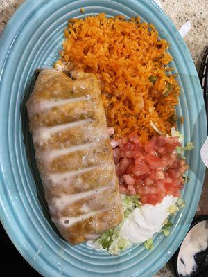 Chimichanga with beef tips and a side of rice