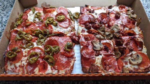 Half Extra Pepperoni & Jalapeno. Half sausage pep mushroom. Extra cook.