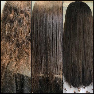 Before and after Brazilian Blowout and Hair Extensions all in 1 visit