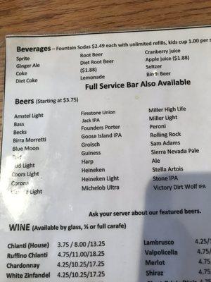 Drink menu