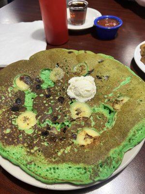 Chocolate Chip Banana Pancake (green for St. Patrick's Day)