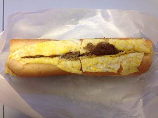 scrapple egg and cheese on a long roll