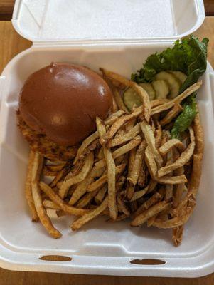 Takeout veggie burger and fries