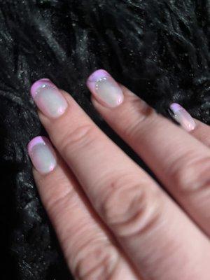 My nails, I got a ballet slipper pink French tip, with a pink hue chrome cover and a silver glitter accent line!