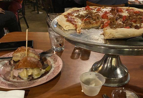 Olive burger and pizza