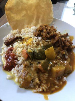 Sambhar, Koorka Uperi (fingerling potato fry), Moru curry, cut mango pickle (jar from store).   We purchased the catering and took it home.