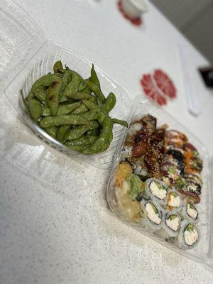 Garlic Edamame, Shelby Roll, Dragon Roll, and California Roll