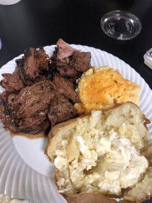 Sirloin Tips, Baked Potato, and Mac n Cheese