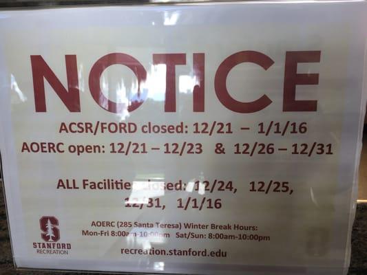 Useful information for Stanford gyms this holiday season. Hiking and/or skiing might be good options on the four days they are closed.