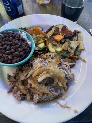 Cuban roasted pork, Grilled Vegetables and black beans and Rice & Beans