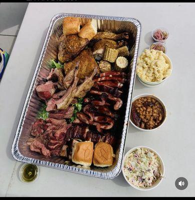 Smoked Meat Platter 
Chicken Leg Quarters 
Pork Spare Ribs 
Pork Belly 
Beef TRI TIP 
Lamb Racks