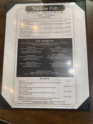 Menu from Taplow pub on the property. Notice the memo at the bottom about the 20% charge.