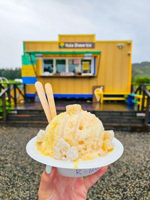 Lychee and pineapple with condensed milk and mochi. The mochi is a MUST.