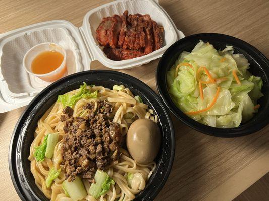 Braised Minced Pork Noodle, Crispy Fried Roast Pork, Sautéed Cabbage