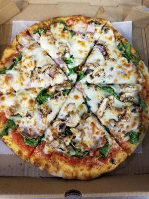 The Florentine Pizza... Ham, spinach, mushrooms, sauce and cheese.