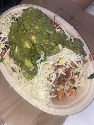 Barbacoa bowl with guac and queso