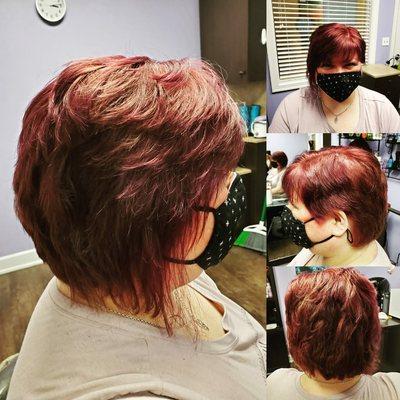 haircut hairstyle salonsbyjcarlingtonheights studiohair arlingtonheights shorthair layered asymmetrical redkencolorfusion