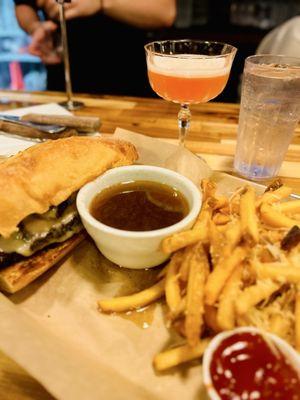 Brisket French dip with Parmesan garlic fries