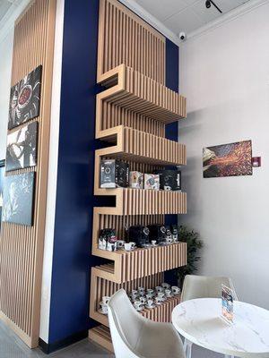 Modern wall shelf with products for purchase