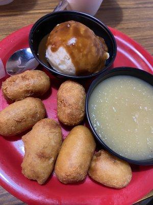 Corn dogs mash potato and apple sauce