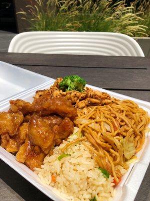 Honey Glazed Chicken w/ Orange Zest, Shelby's Sweet and Spicy Chicken, half fried rice/chow mein