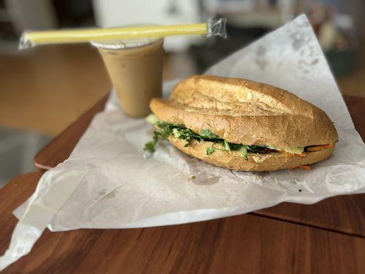 Vietnamese iced coffee and pork Bánh mì