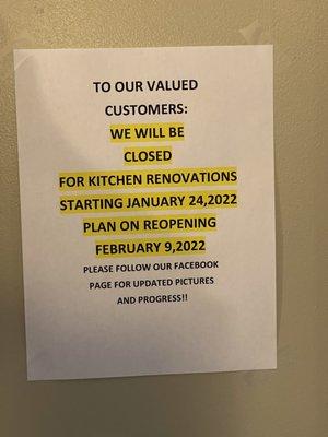 FYI - closing for kitchen renovations Jan 24 2022 thru Feb 9 2022