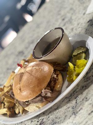 Hot roast beef sandwich with fresh-cut fries