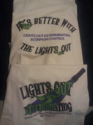 Front and Back of direct to garment printing for Lights Out Exterminating