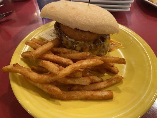 Southwest burger, big onion ring on top!