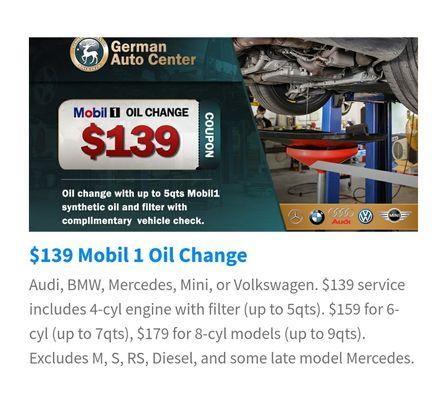 German Auto Center oil change coupon