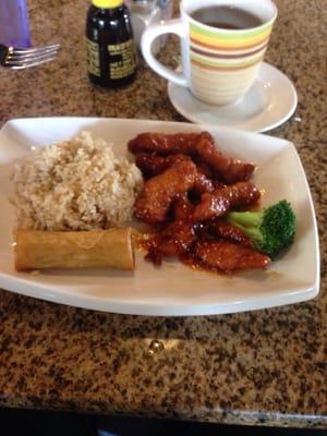 Generals chicken with brown rice.  Lunch portion. Cooked fresh. No steam table.