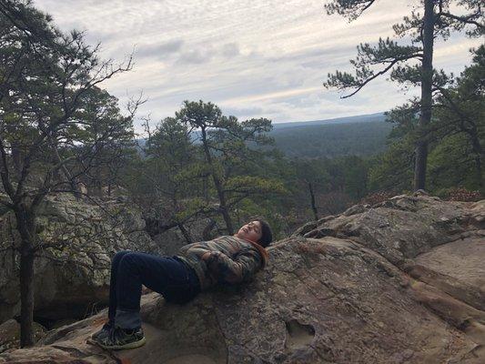 At the top of Robber's Cave- gorgeous look out, slides right into the cave