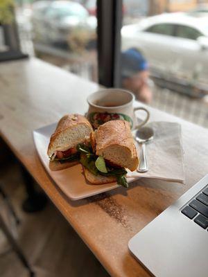 Caprese sandwich with tomato soup.