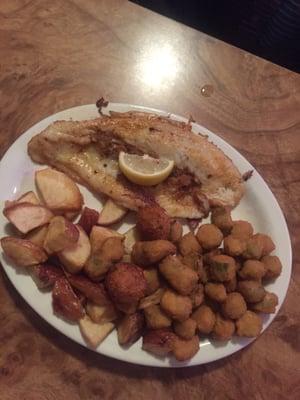 Crab cake stuffed catfish plate! Comes with 2 sides!