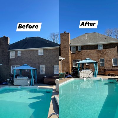 Before and after picture of roof cleaning, brick cleaning, windows and gutter cleaning Anderson, SC