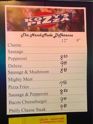 Kozy's Pizza Menu