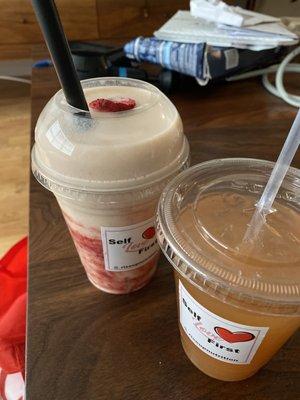 Mango lassi + Strawberry + fat burner smoothie  Lakeview Livin' (raspberry lemonade) tea