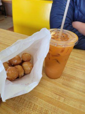 Donut holes and iced thai tea, liquid (med)