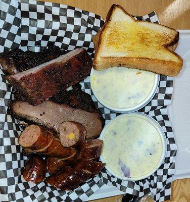 3 meat plate - pork ribs, brisket and jalapeño cheddar sausage