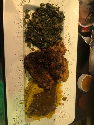 Collard greens, fried chicken & yellow rice with gravy