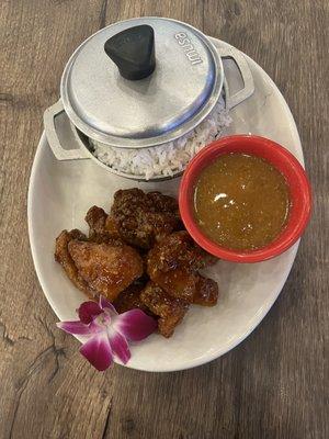 All natural  perfect  fried chicken pieces glazed in a sweet chili sauce, served with white rice and red beans